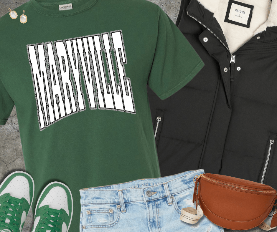 MARYVILLE Block Letters Grey Outline Dark Green Tee - Wholesale - The Red Rival