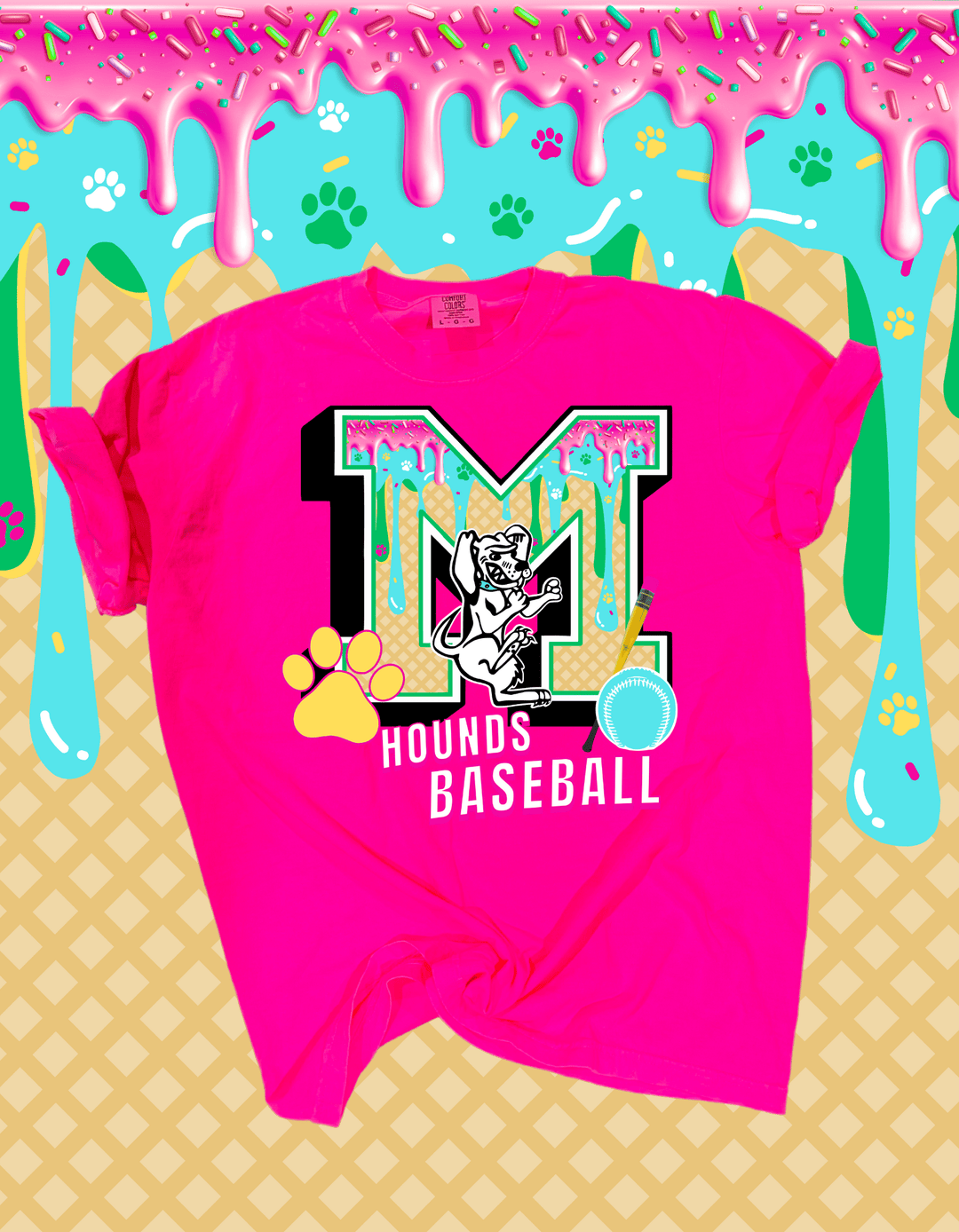Maryville Hounds Baseball Ice Cream Drip Pink Tee - Graphic Tee - The Red Rival