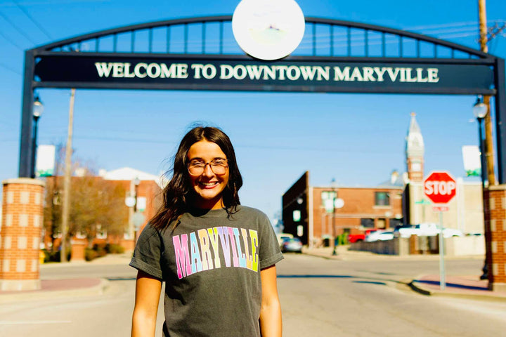 MARYVILLE - Multi - Color Varsity Letters (Pick your tee color) - Graphic Tee - The Red Rival