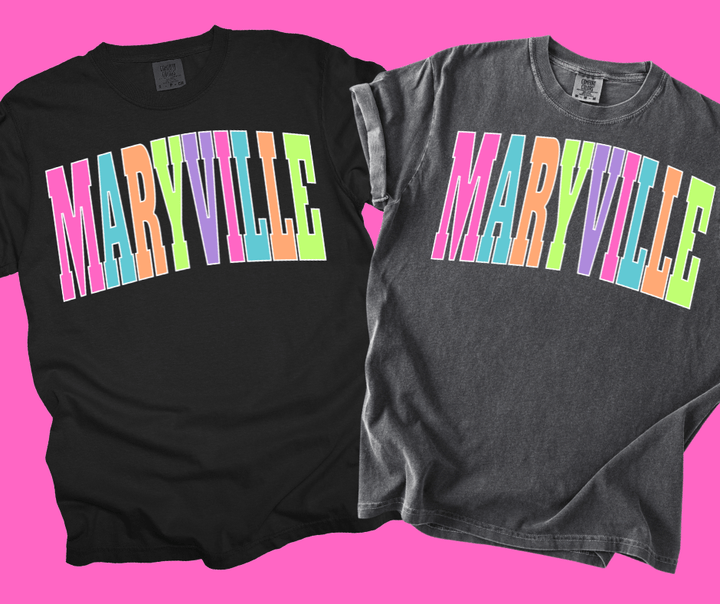 MARYVILLE - Multi - Color Varsity Letters (Pick your tee color) - Graphic Tee - The Red Rival