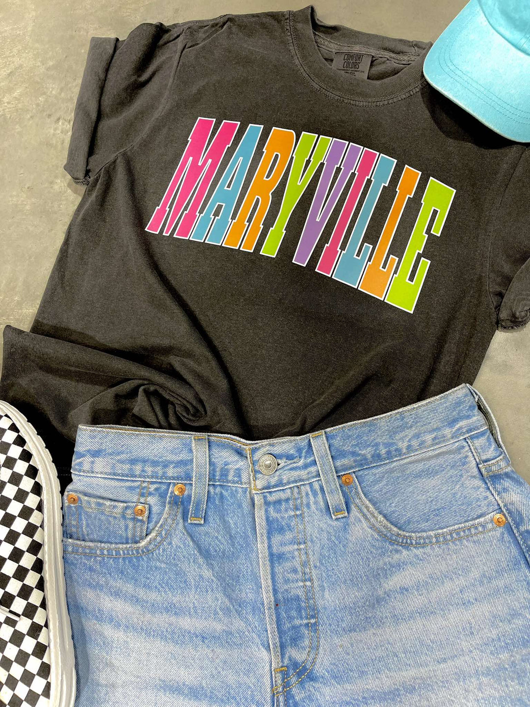 MARYVILLE - Multi - Color Varsity Letters (Pick your tee color) - Graphic Tee - The Red Rival