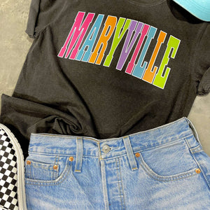 MARYVILLE - Multi - Color Varsity Letters (Pick your tee color) - Graphic Tee - The Red Rival