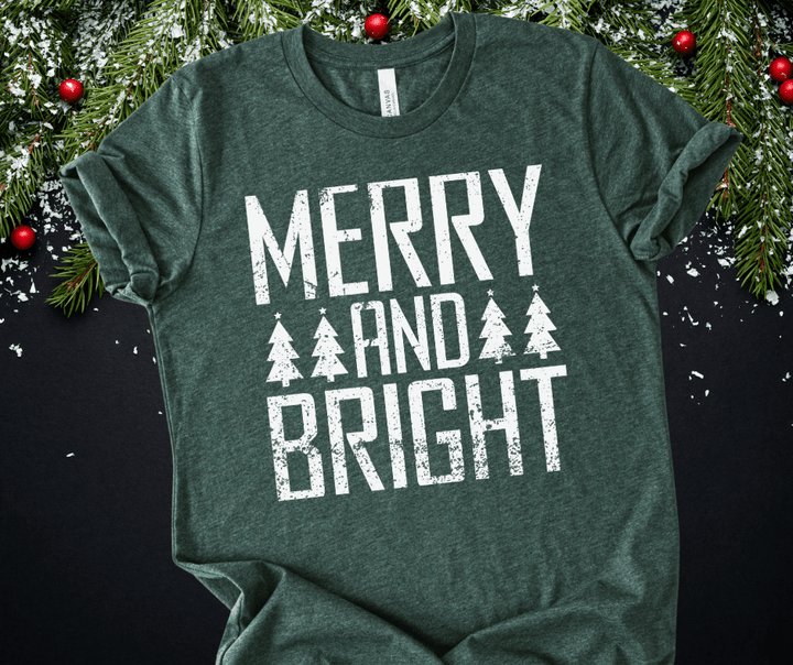 MERRY and BRIGHT White Ink (Select your Color & Style) - Graphic Tee - The Red Rival