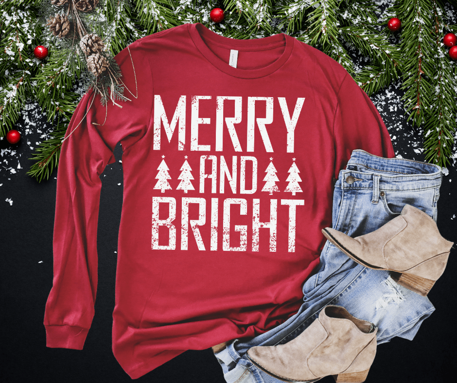 MERRY and BRIGHT White Ink (Select your Color & Style) - Graphic Tee - The Red Rival