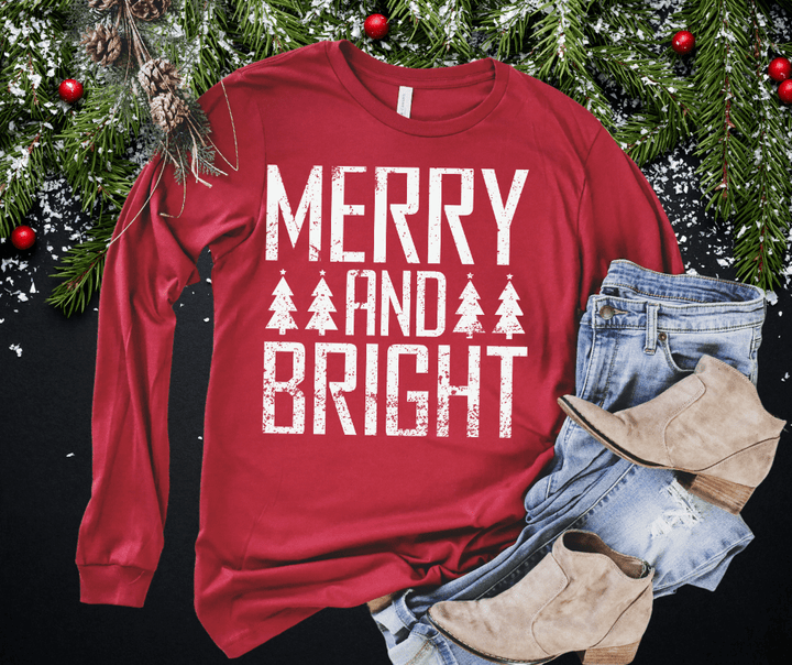 MERRY and BRIGHT White Ink (Select your Color & Style) - Graphic Tee - The Red Rival