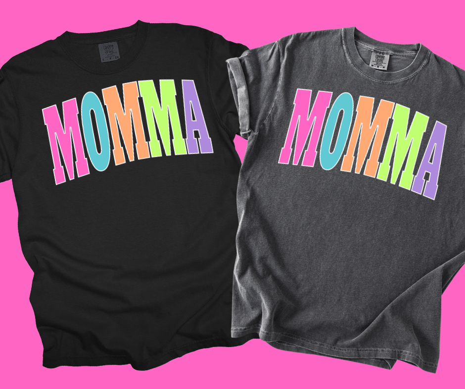 MOMMA - Multi - Color Varsity Letters (Pick your design & tee color) - Graphic Tee - The Red Rival