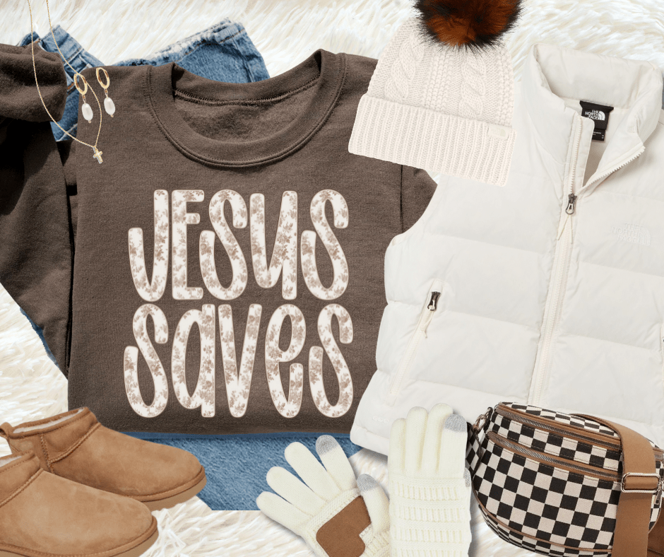 Natural Floral Print Jesus Saves Brown Sweatshirt or Tee - Tees - The Red Rival