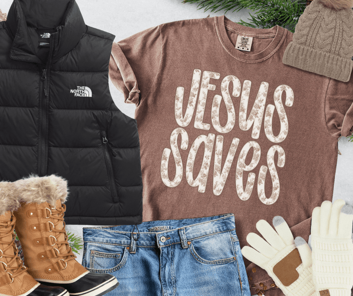 Natural Floral Print Jesus Saves Brown Sweatshirt or Tee - Tees - The Red Rival