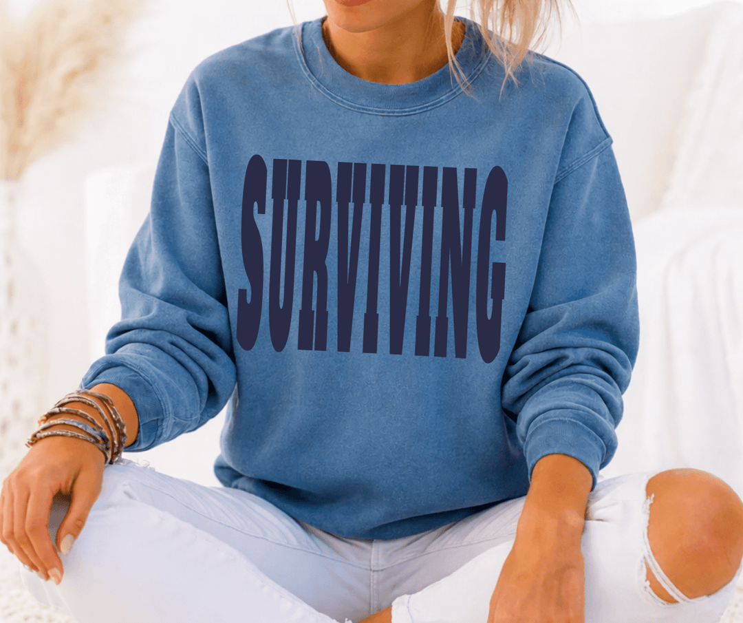 NAVY SURVIVING LETTERS on Blue Jean Colored Sweatshirt or Tee (Pick Your Style) - Tees - The Red Rival