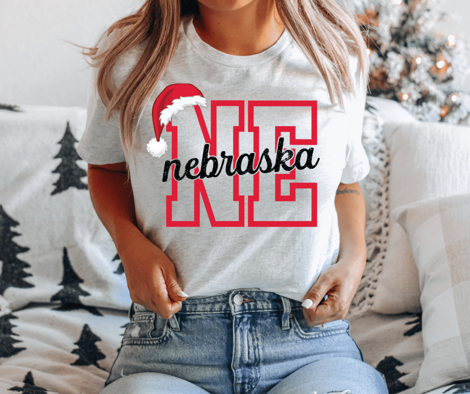 Nebraska Santa Hat Letters Ash Tee or Sweatshirt - Graphic Tee - The Red Rival