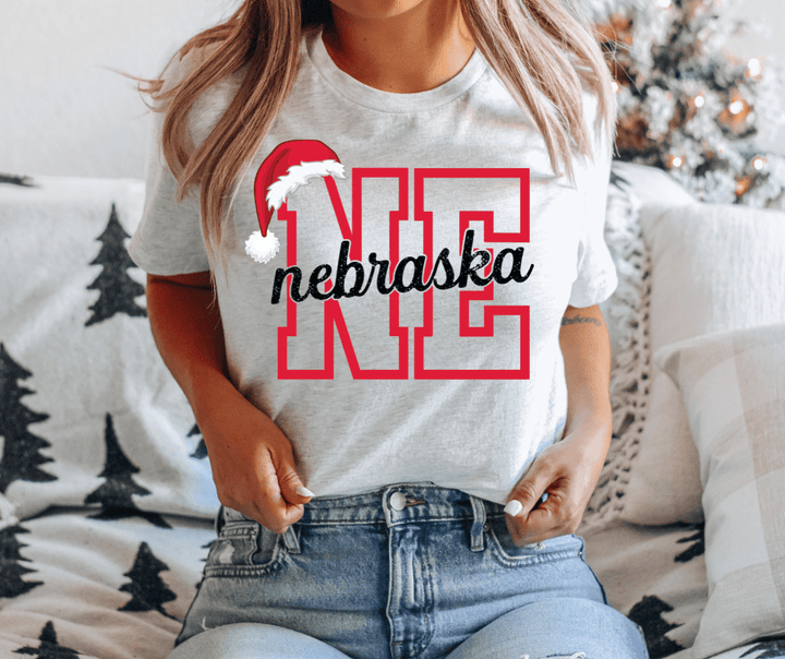 Nebraska Santa Hat Letters Ash Tee or Sweatshirt - Graphic Tee - The Red Rival