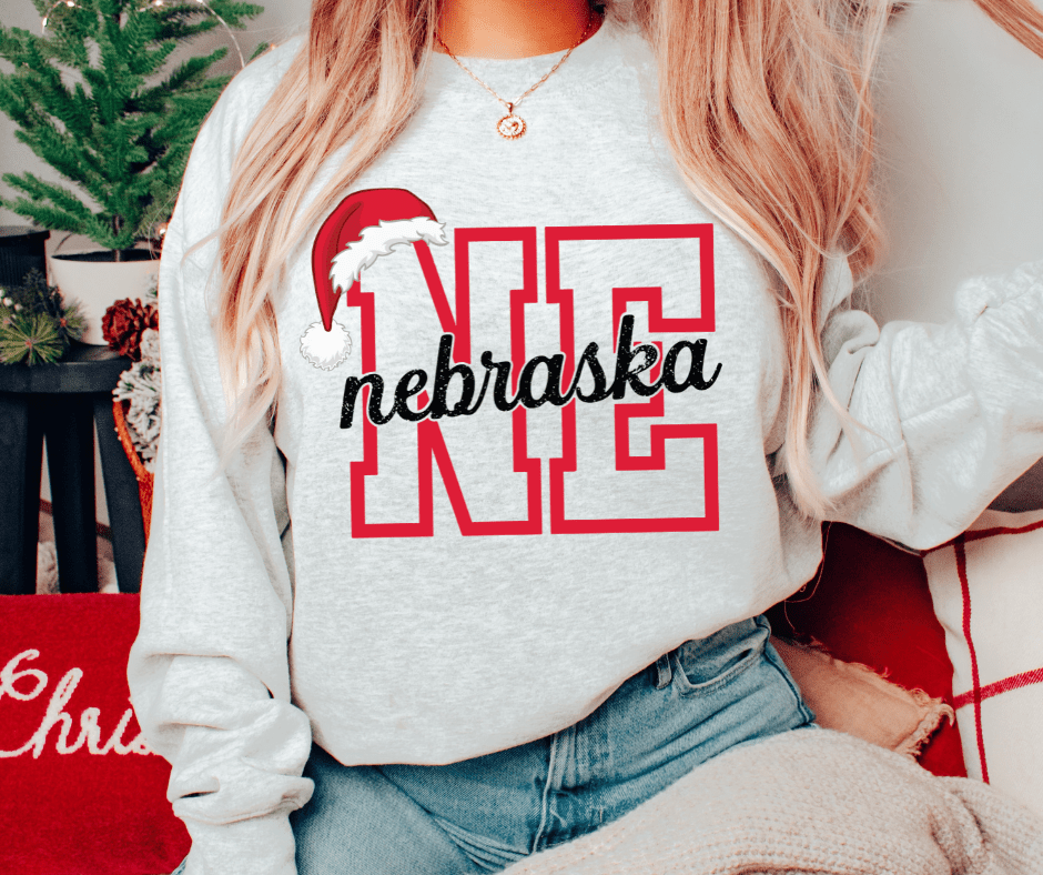 Nebraska Santa Hat Letters Ash Tee or Sweatshirt - Graphic Tee - The Red Rival