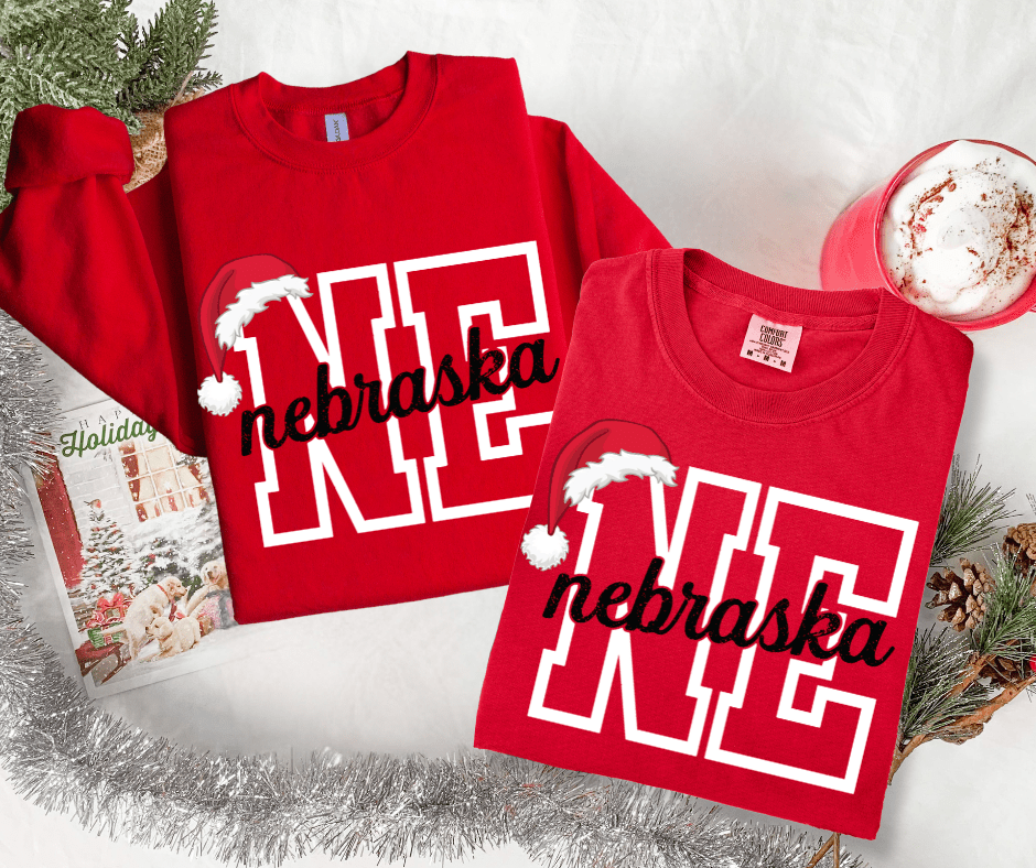 Nebraska Santa Hat Letters Red Tee or Sweatshirt - Graphic Tee - The Red Rival
