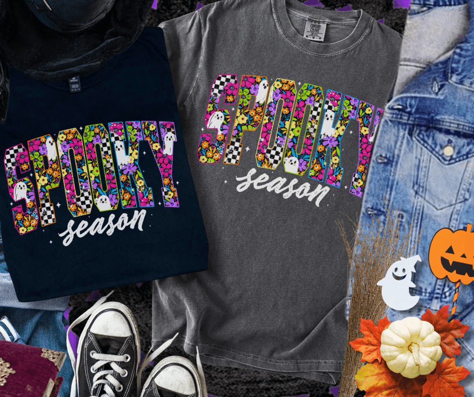 Neon Checkered Spooky Season Letters (Pick Your Tee Color) - Tees - The Red Rival