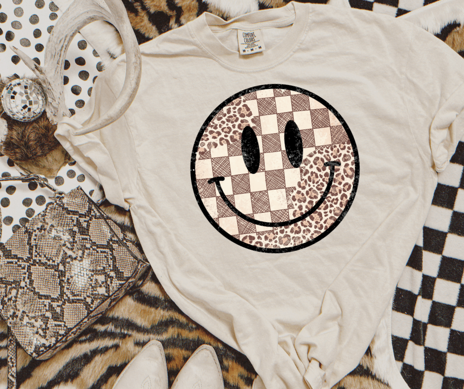 Neutral Leopard & Checkered Happy Face Tee or Sweatshirt - Tees - The Red Rival