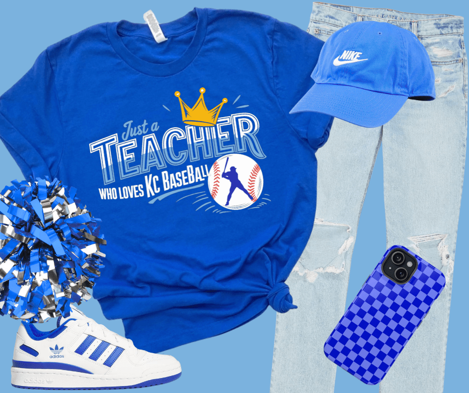 New 2025 Just a Teacher Who Loves KC Baseball Royal Blue Tee - Tees - The Red Rival