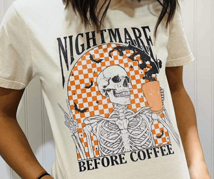 Nightmare Before Coffee Skeleton Ivory Graphic Tee - Apparel & Accessories - The Red Rival