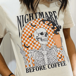 Nightmare Before Coffee Skeleton Ivory Graphic Tee - Apparel & Accessories - The Red Rival