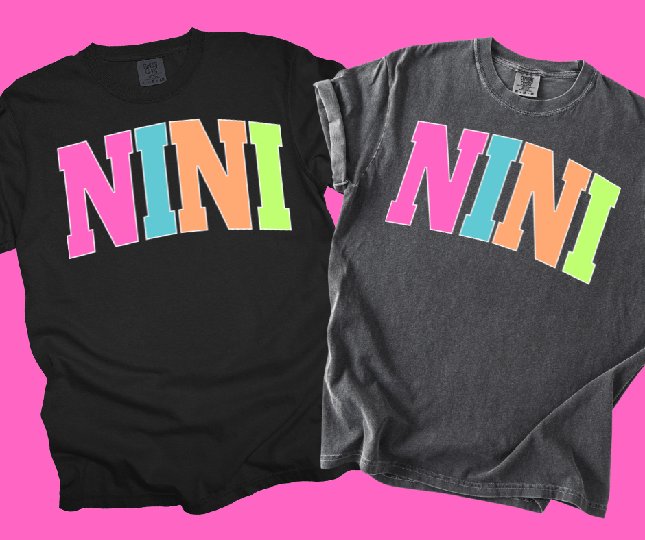 NINI - Multi - Color Varsity Letters (Pick your design & tee color) - Graphic Tee - The Red Rival
