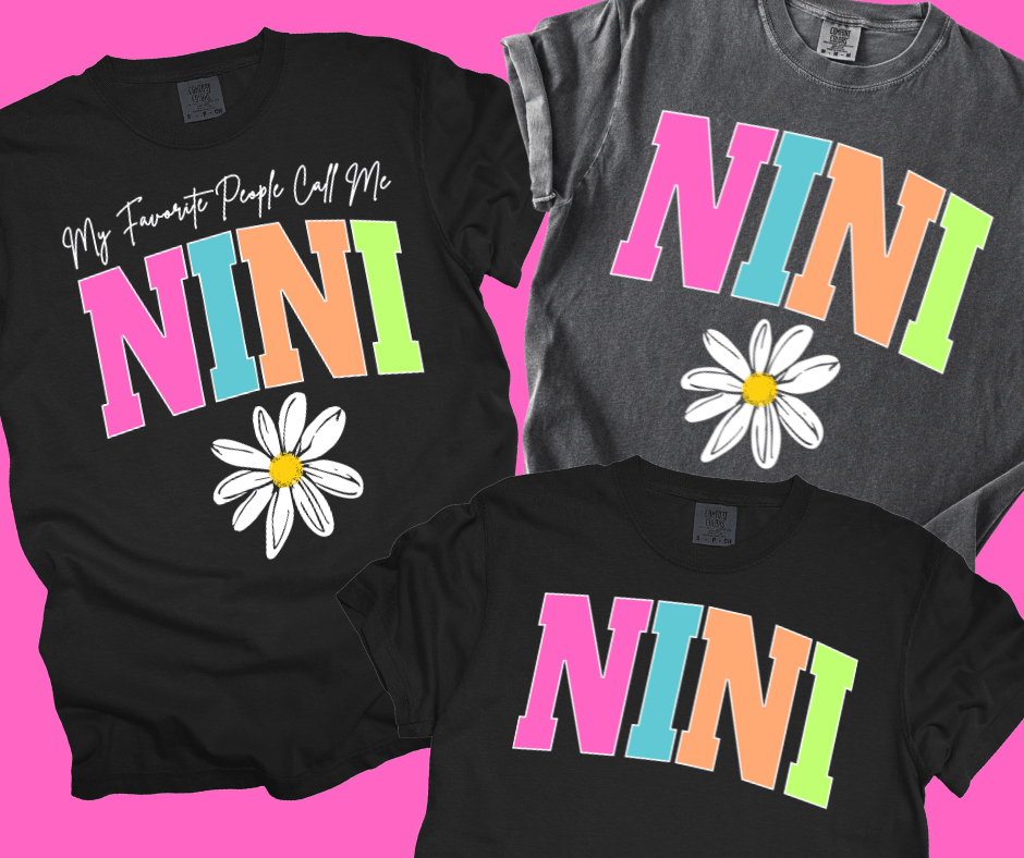 NINI - Multi - Color Varsity Letters (Pick your design & tee color) - Graphic Tee - The Red Rival