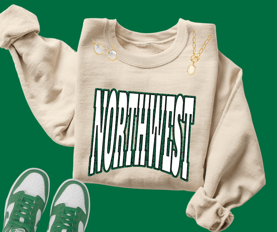 NORTHWEST Block Letters Green Outline (Pick Your Sweatshirt Color) - Wholesale - The Red Rival