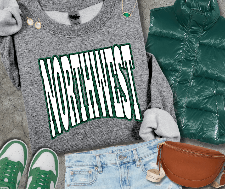 NORTHWEST Block Letters Green Outline (Pick Your Sweatshirt Color) - Wholesale - The Red Rival