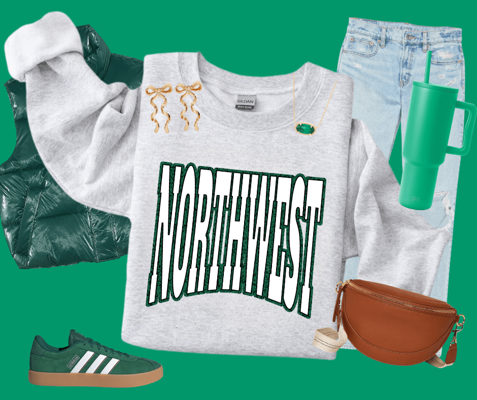 NORTHWEST Block Letters Green Outline (Pick Your Sweatshirt Color) - Wholesale - The Red Rival