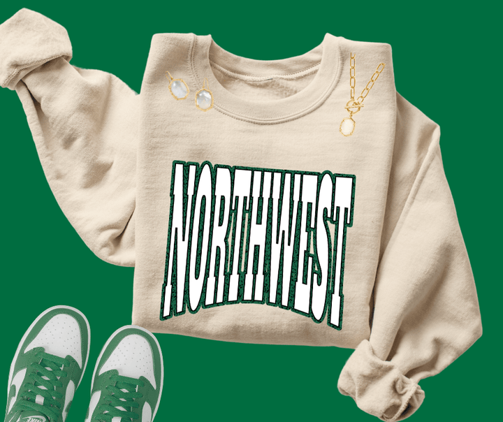 NORTHWEST Block Letters Green Outline (Pick Your Sweatshirt Color) - Wholesale - The Red Rival