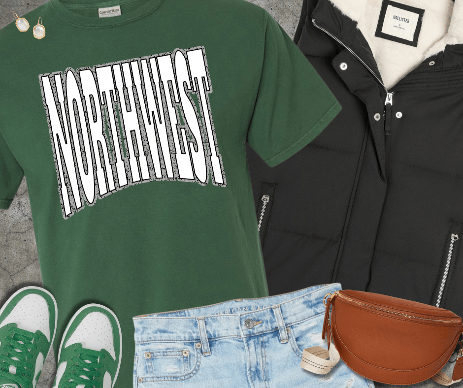 NORTHWEST Block Letters Grey Outline Dark Green Tee - Wholesale - The Red Rival