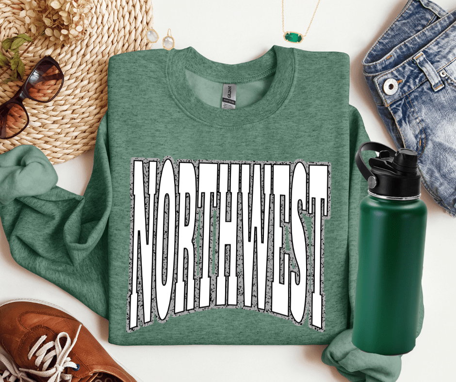 NORTHWEST Block Letters Grey Outline Heather Green Sweatshirt - Wholesale - The Red Rival