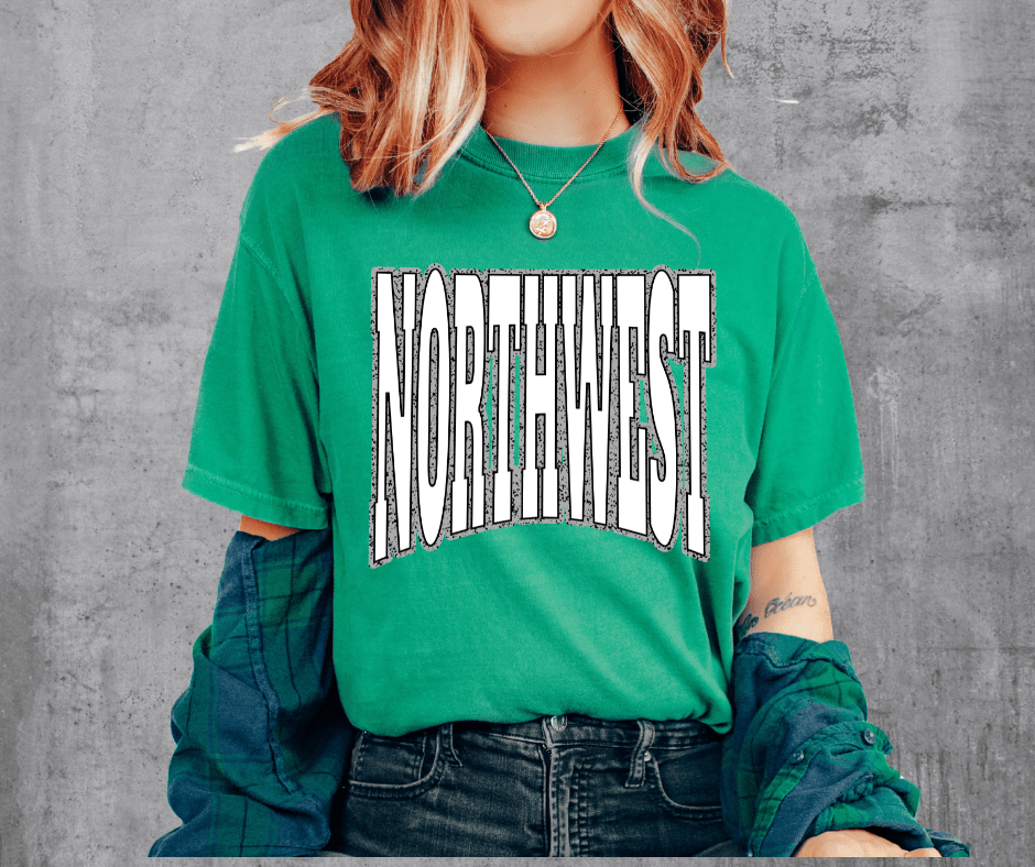NORTHWEST Block Letters Grey Outline Kelly Green Tee - Wholesale - The Red Rival