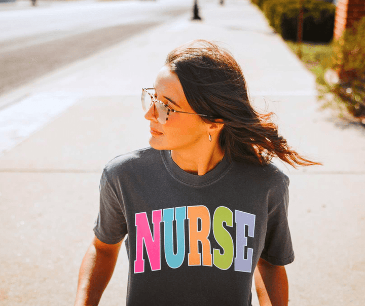 NURSE - Multi - Color Varsity Letters (Pick your tee color) - Graphic Tee - The Red Rival