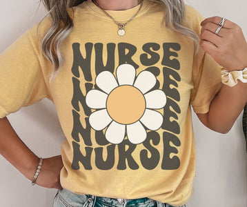 Nurse Repeat Daisy Mustard Tee - Graphic Tee - The Red Rival