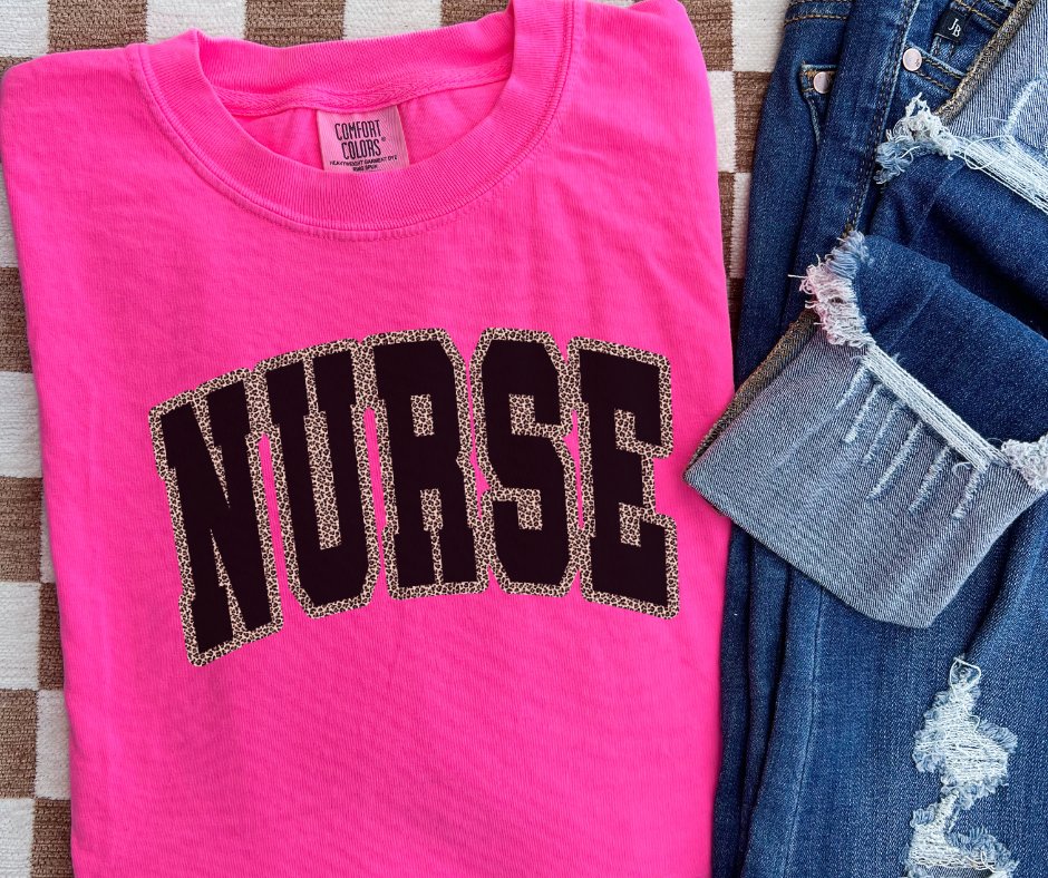 Nurse with Leopard Outline Neon Pink Tee - Graphic Tee - The Red Rival