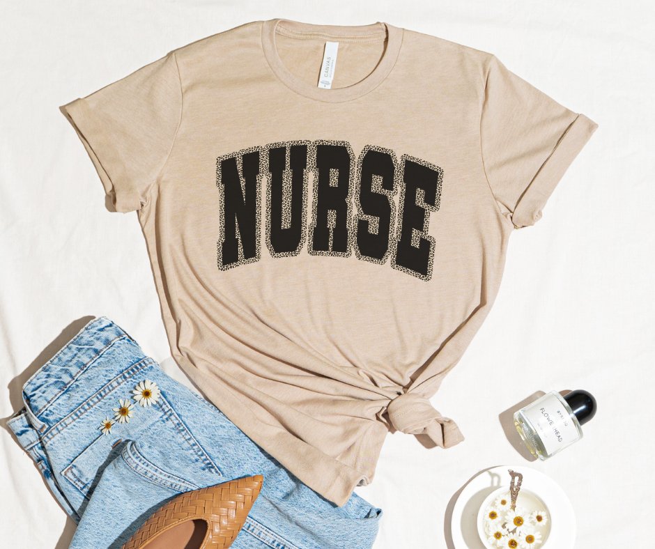 Nurse with Leopard Outline Tan Tee - Graphic Tee - The Red Rival