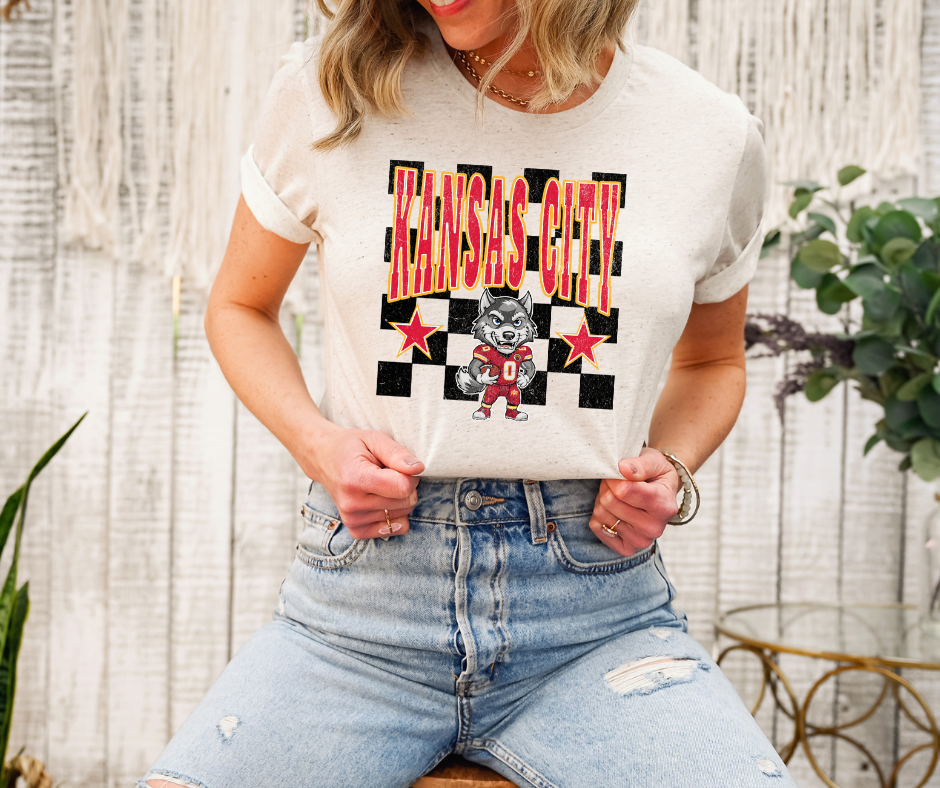 Kansas City Wolf Mascot Checkered Oatmeal Tee - The Red Rival