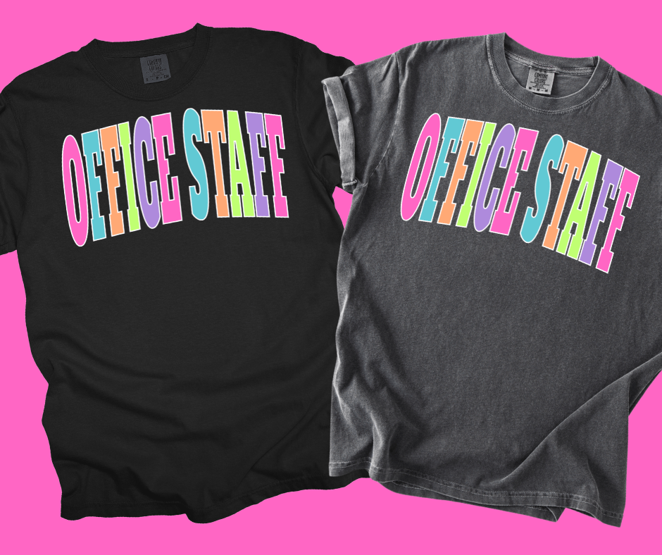 OFFICE STAFF - Multi - Color Varsity Letters (Pick your tee color) - Graphic Tee - The Red Rival