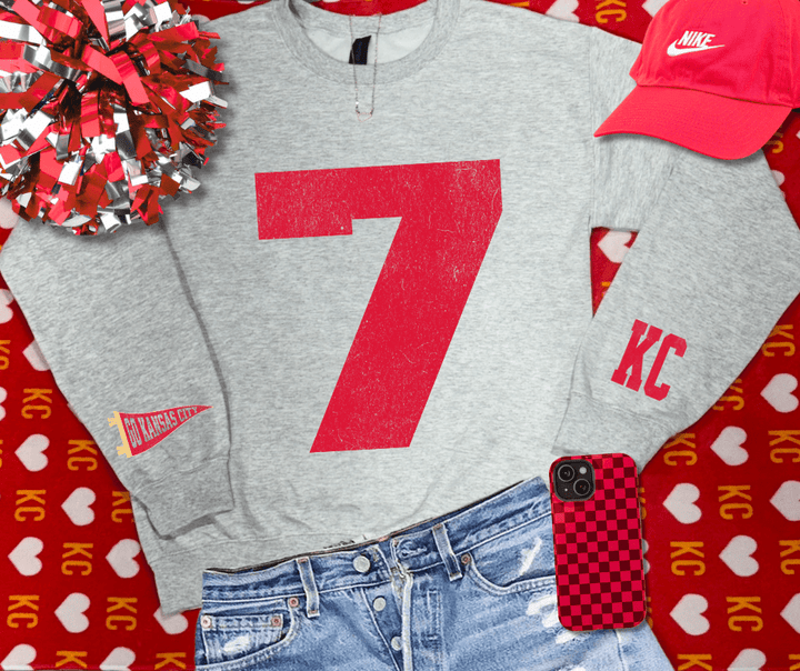 Oversized 7 - KC Pennant Sleeves (Pick Your Sweatshirt Color) - Graphic Tee - The Red Rival