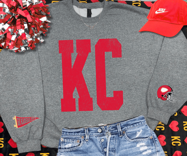 Oversized KC Pennant &amp; Helmet Sleeves (Pick Your Sweatshirt Color) - NO PLAYER &