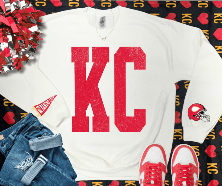 Oversized KC Pennant &amp; Helmet Sleeves (Pick Your Sweatshirt Color) - NO PLAYER &
