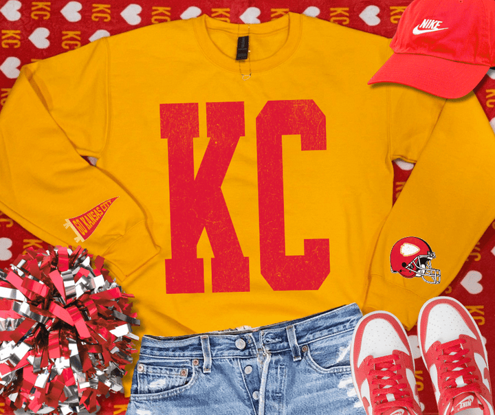 Oversized KC Pennant &amp; Helmet Sleeves (Pick Your Sweatshirt Color) - NO PLAYER &