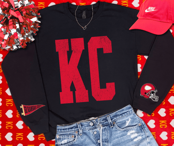 Oversized KC Pennant &amp; Helmet Sleeves (Pick Your Sweatshirt Color) - NO PLAYER &