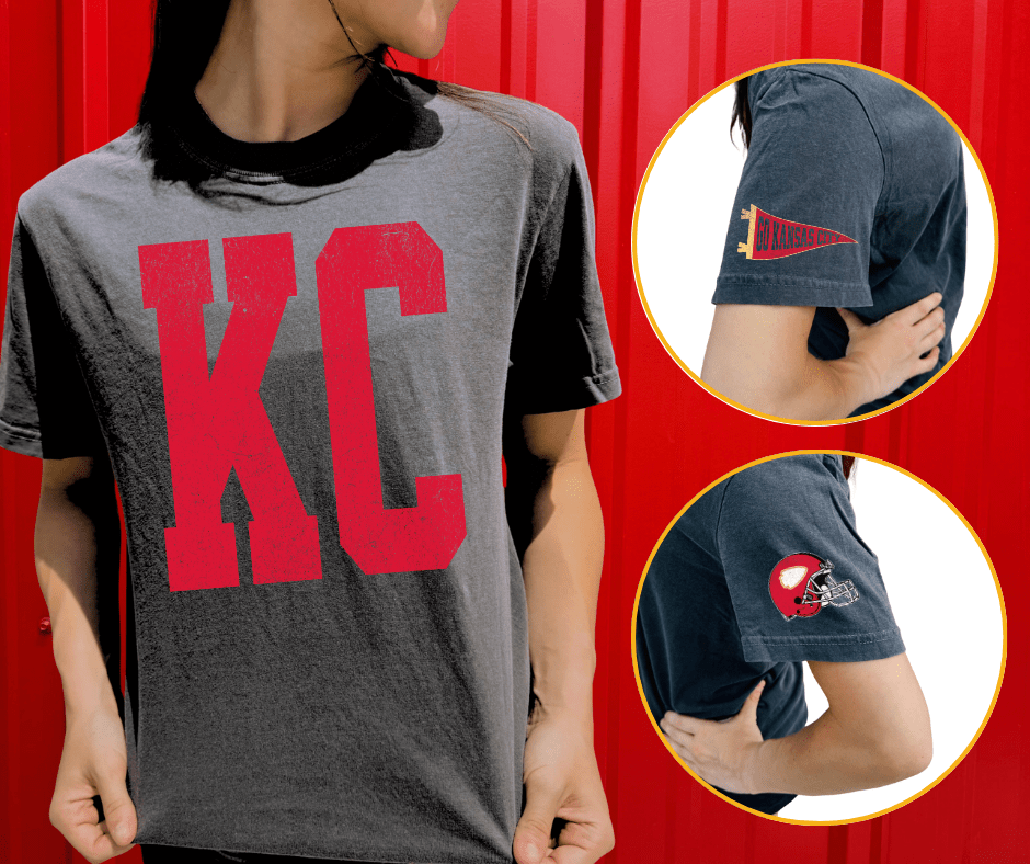 Oversized KC Pennant & Helmet Sleeves (Pick Your Tee Color) - NO PLAYER 's - Graphic Tee - The Red Rival