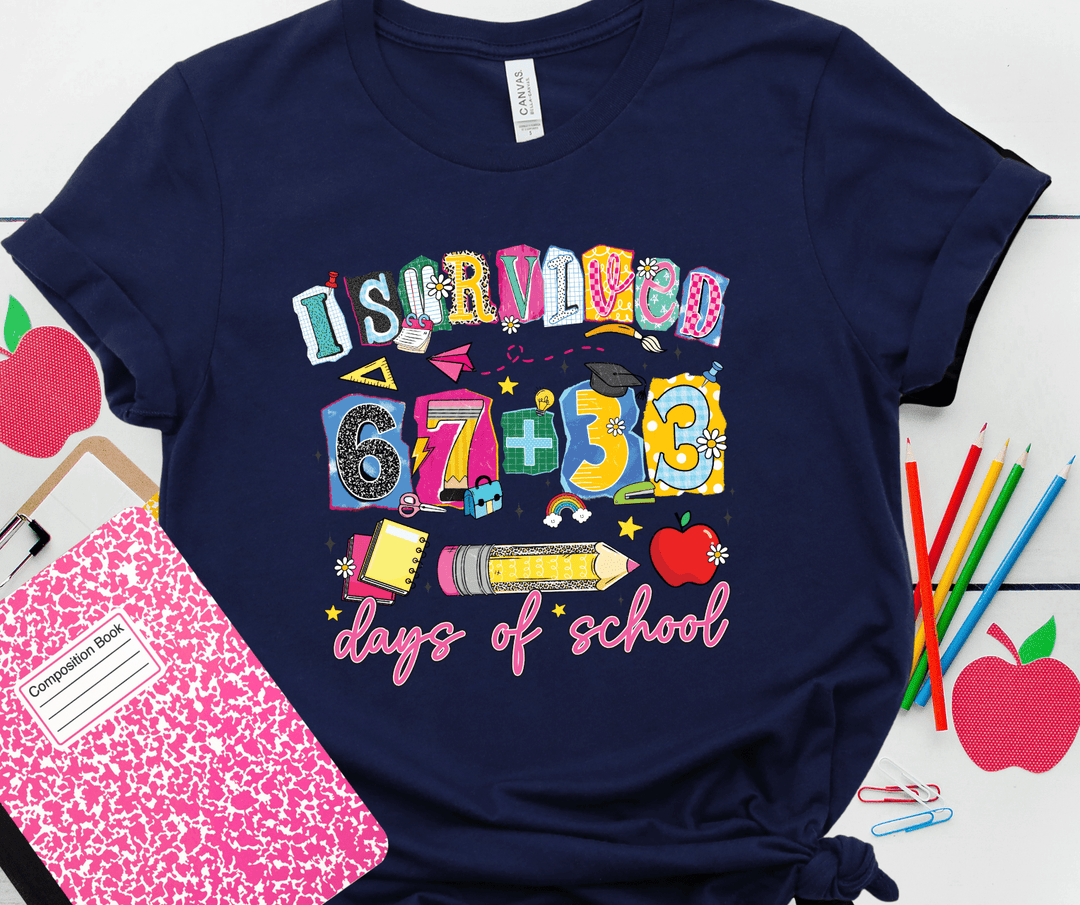 Paper Letters I Survived 67+33 Days of School Navy Tee - Tees - The Red Rival