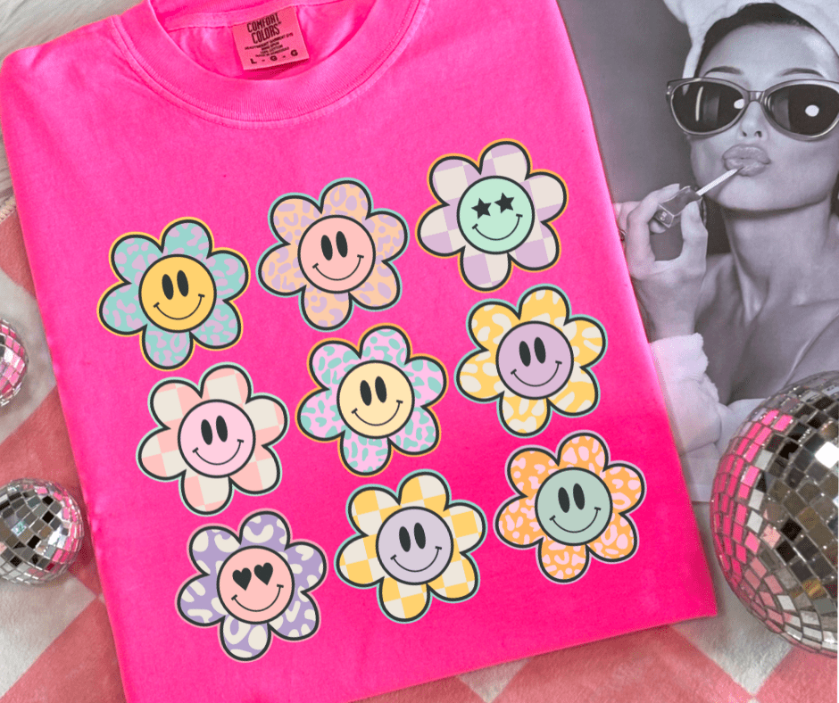 Pastel Daisy Smiley Face Pattern - Graphic Tee - The Red Rival