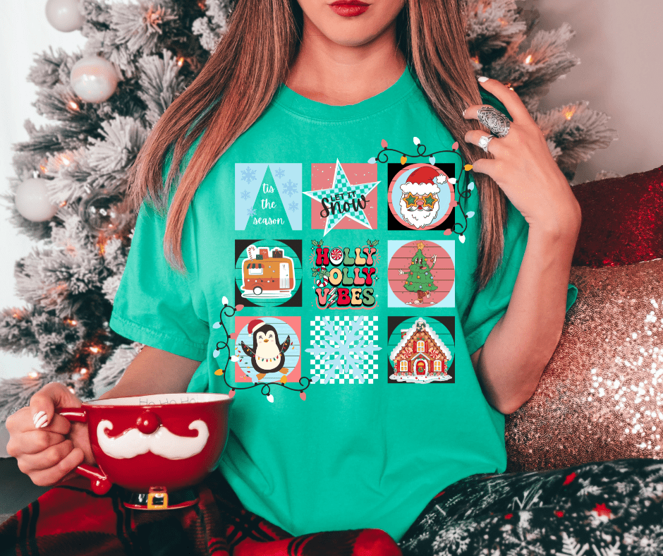 Pastel Holly Jolly Vibes Christmas Squares Tee - The Red Rival