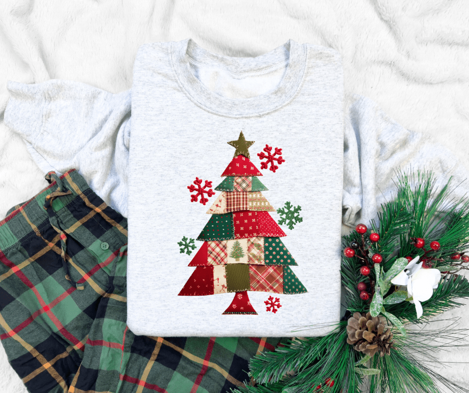 Patchwork Christmas Tree Ash Tee or Sweatshirt - Graphic Tee - The Red Rival