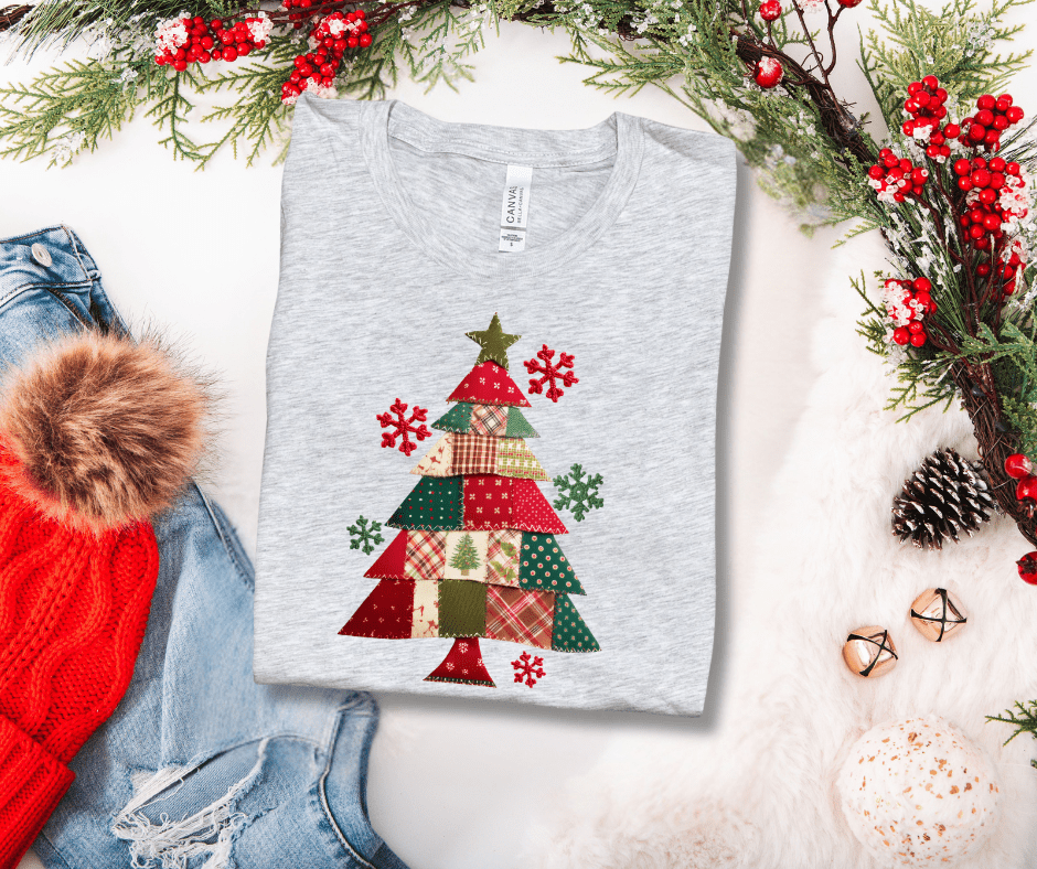 Patchwork Christmas Tree Ash Tee or Sweatshirt - Graphic Tee - The Red Rival