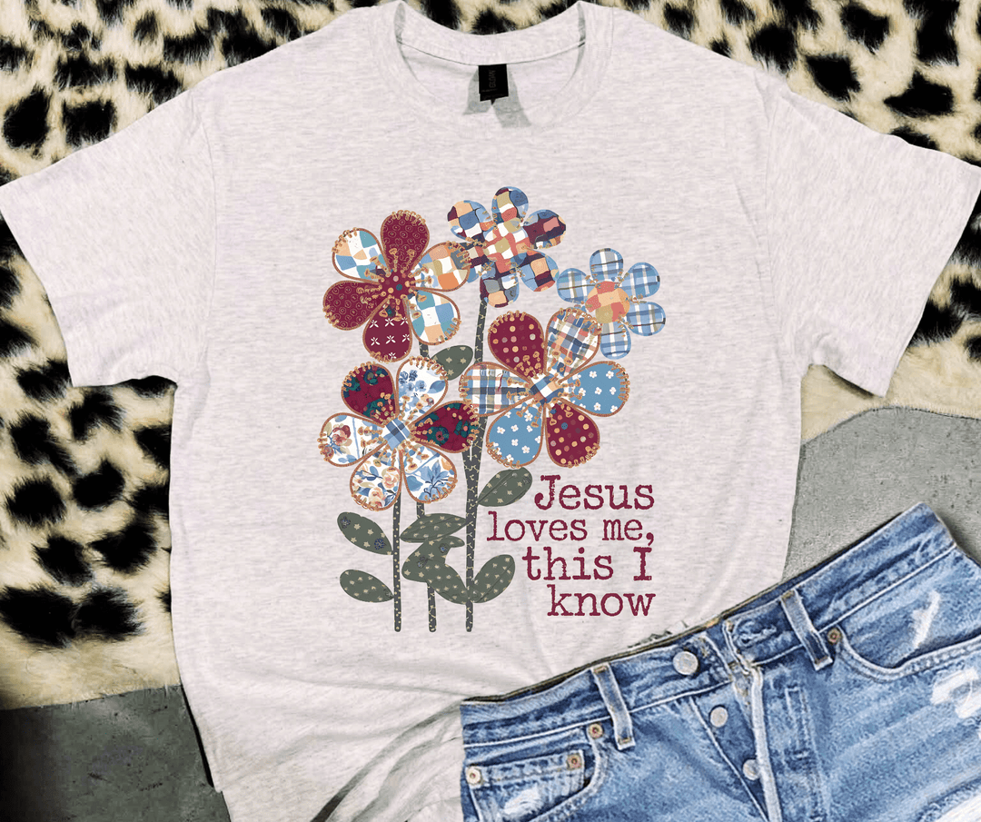Patchwork Flowers Jesus Loves Me Ash Tee - Tees - The Red Rival