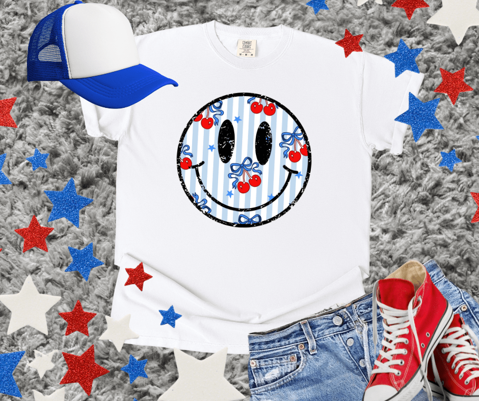 Patriotic Cherry Smile Face White Tee - Graphic Tee - The Red Rival